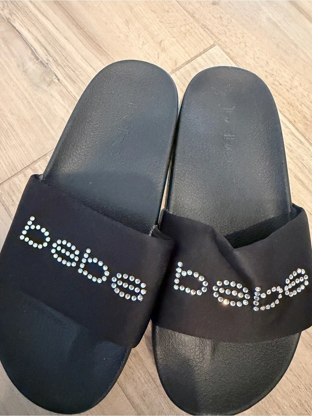 bebe Y2K Black Satin Rhinestone Logo Slide Sandals Size 7